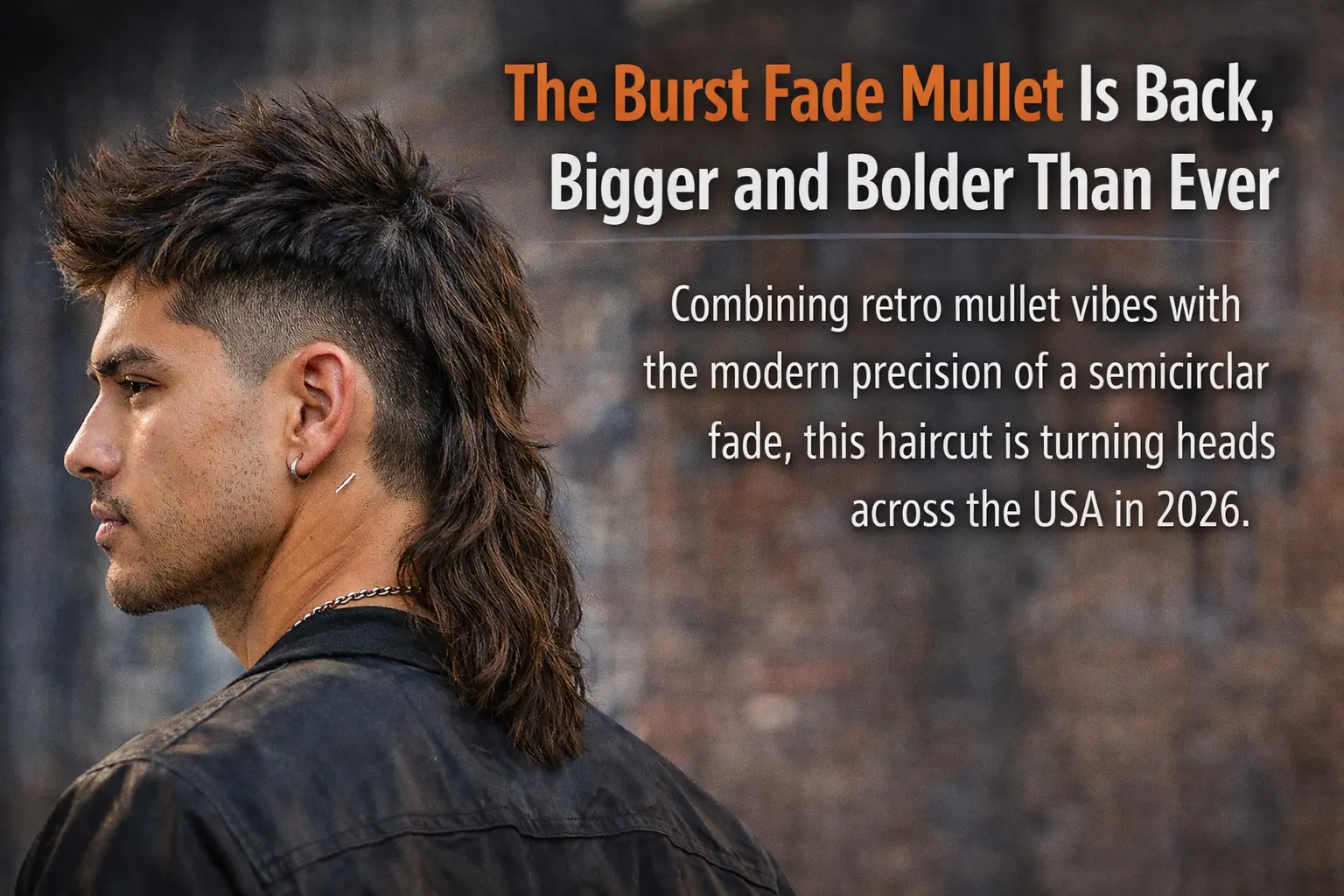 Close-up side profile of a mid burst fade mullet showing the sharp semicircular fade around the ear and textured hair on top.