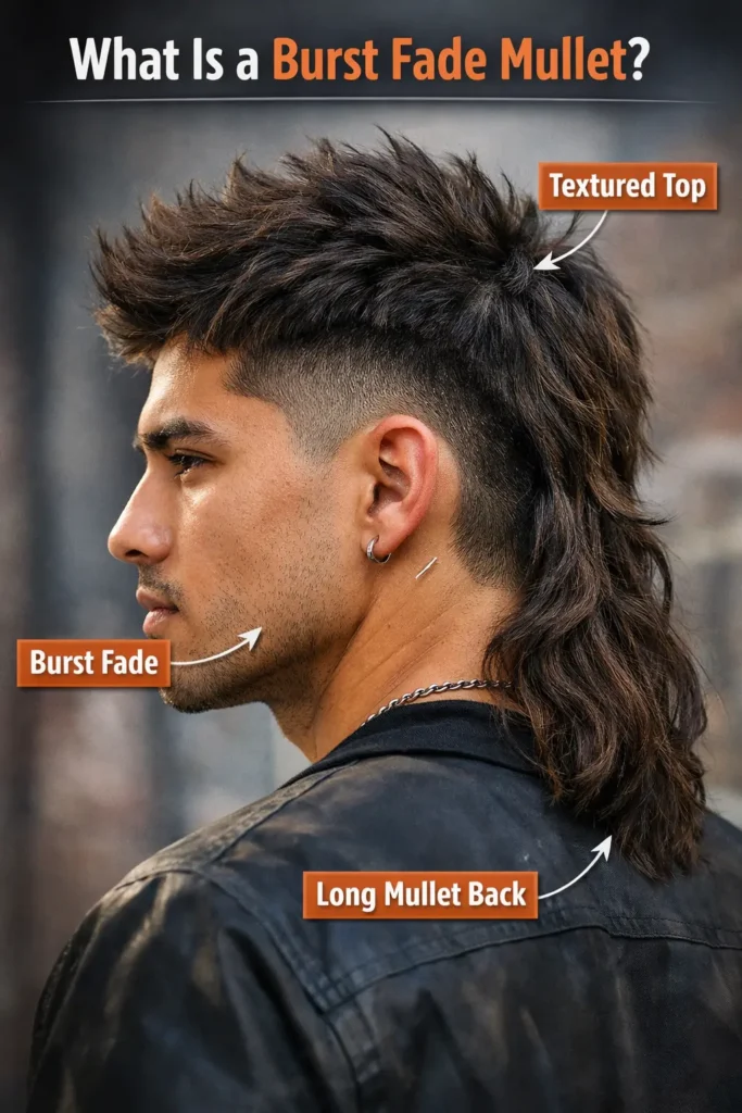 A curly burst fade mullet with high volume in the back and clean tapered sides, styled with curl cream for a modern 2026 look.