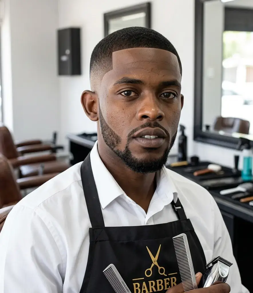 A professional barber with a precision drop fade and groomed beard, wearing a white shirt and black barber apron, holding clippers and combs in a modern, high-end barbershop studio.