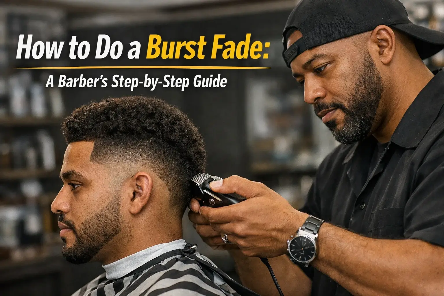 A professional barber performing a burst fade on a client with curly hair, titled "How to Do a Burst Fade: A Barber's Step-by-Step Guide.