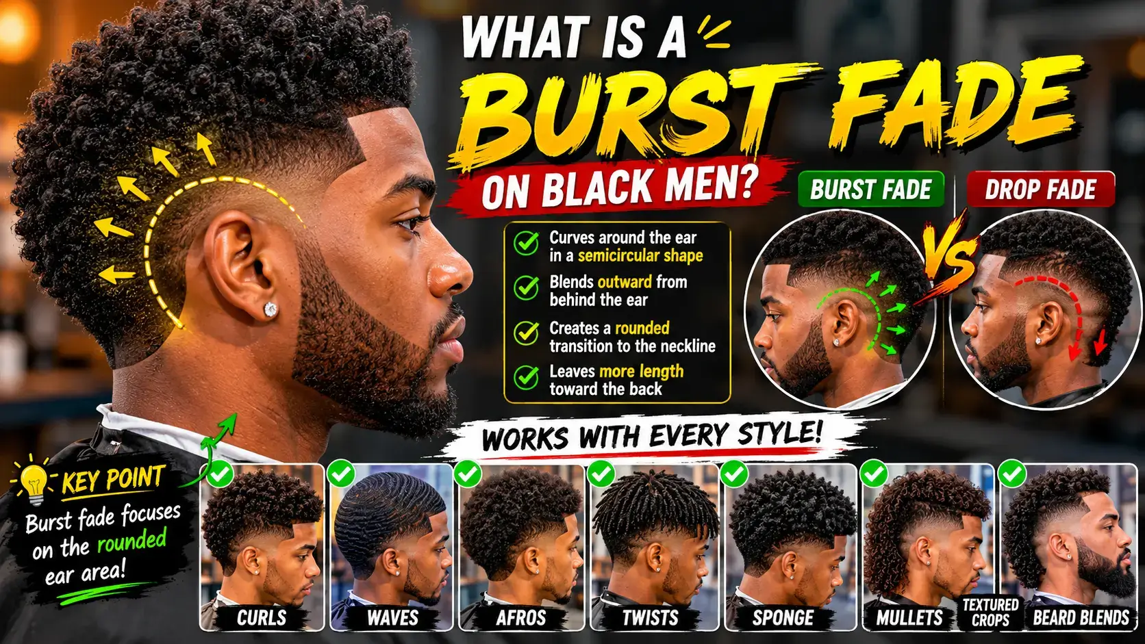 Burst fade haircut for Black men showing a curved fade around the ear with textured curls and beard blend infographic